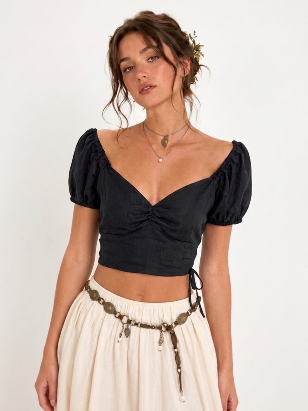 NWT Glassons Lace Up Back Puff Sleeve Black Crop Top Sz 6 Vacation Summer Chic